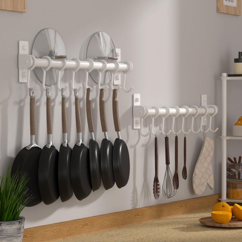 Dseap Kitchen Utensil Holder Hanger, Pot and Pan Rack Wall Mount, Kitchen Rail with 8 Hooks for Hanging Cooking Utensils, Mugs, Spoons, Wall Mounted, Stainless Steel, White - Image 2